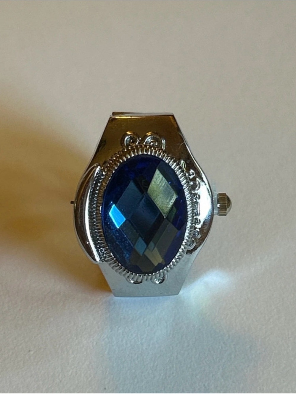 Silver Tone Ring Watch with Blue Faceted Stone